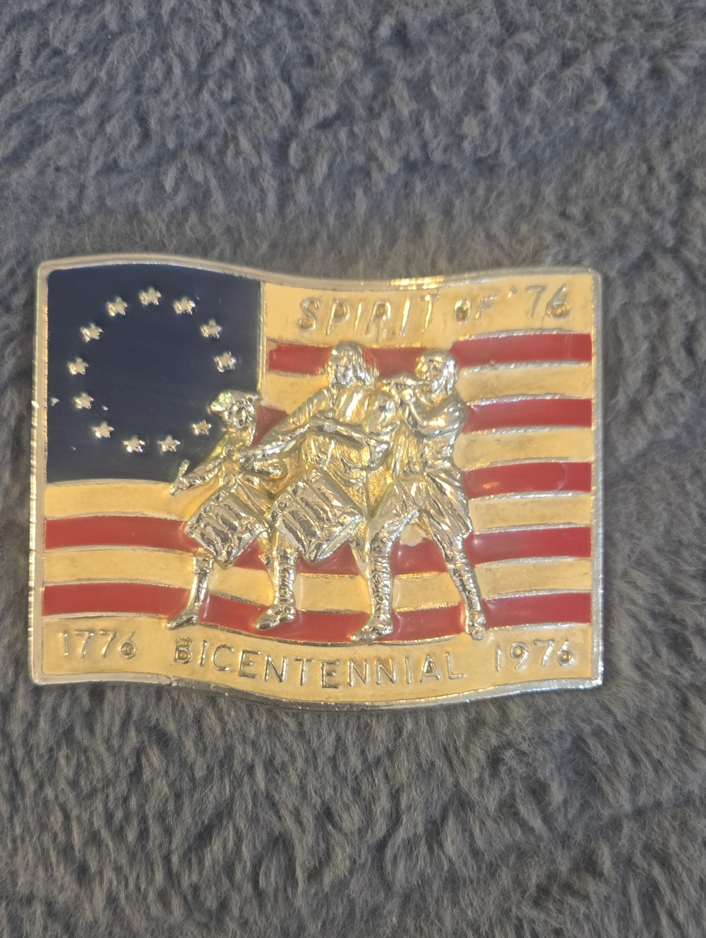 Source Unknown Red, Blue, Gold Bicentennial Belt Buckle - Spirit of '76